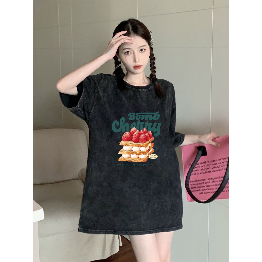 XIAOZHAINV Korean Style Cake Art Pattern Washed Printing Kaos Wanita A0267