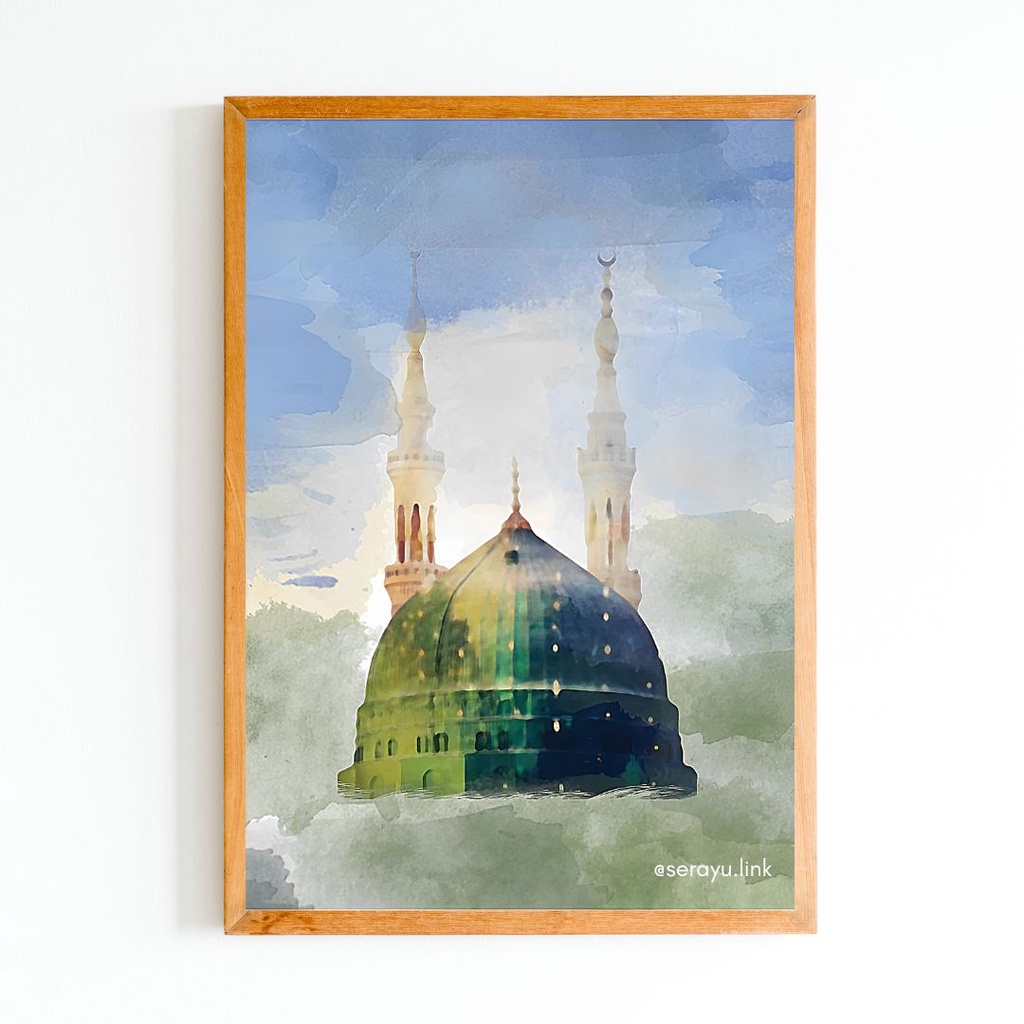 Hiasan Dinding Artwork Masjid Nabawi & Ka'bah Printing Bingkai Kayu