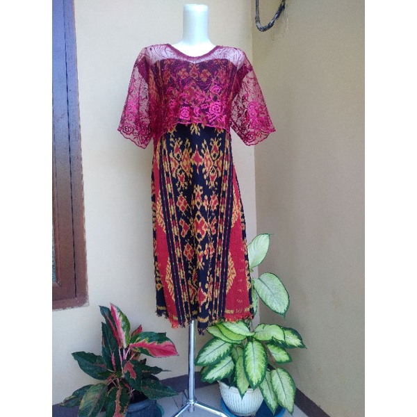 dress tenun etnik rote mix brokat tulle