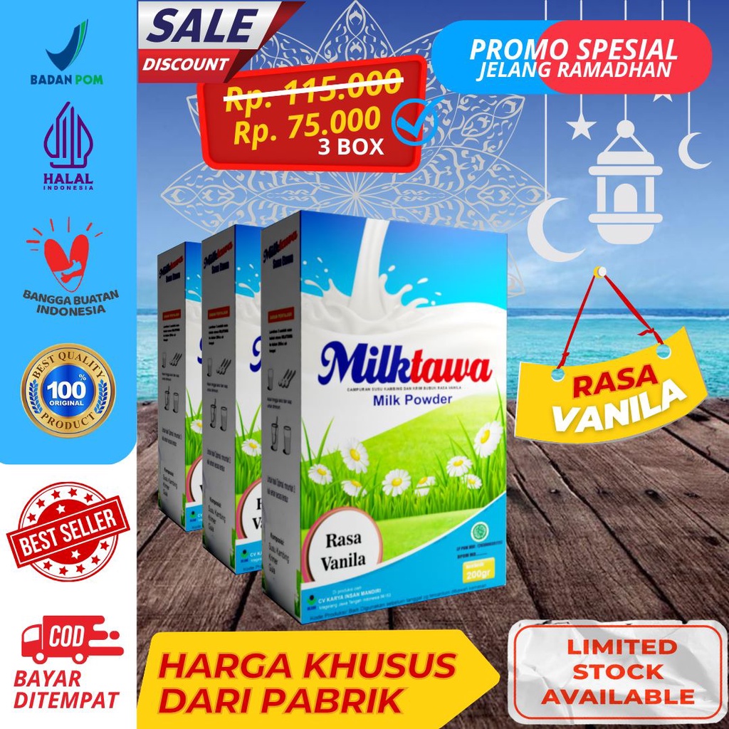 

Paket Hadiah Promo Spesial Ramadhan Bundling Susu Kambing Etawa Milktawa 3 pcs Rasa Vanilla Kemasan Curah