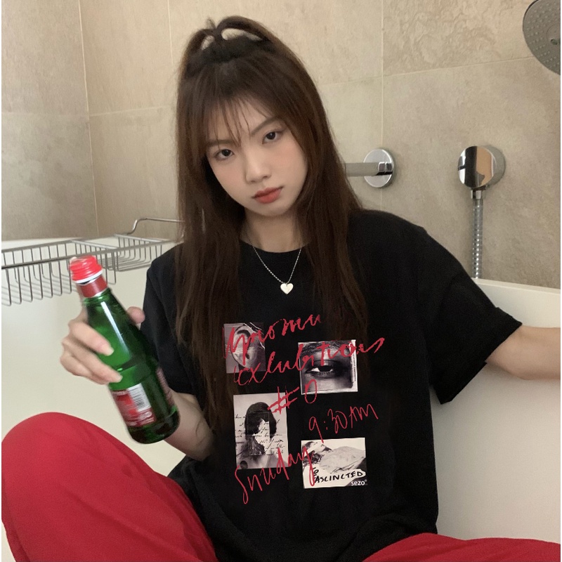 Print T-shirt Kaos Lengan Pendek Vintage Records Atasan Wanita Korean Style