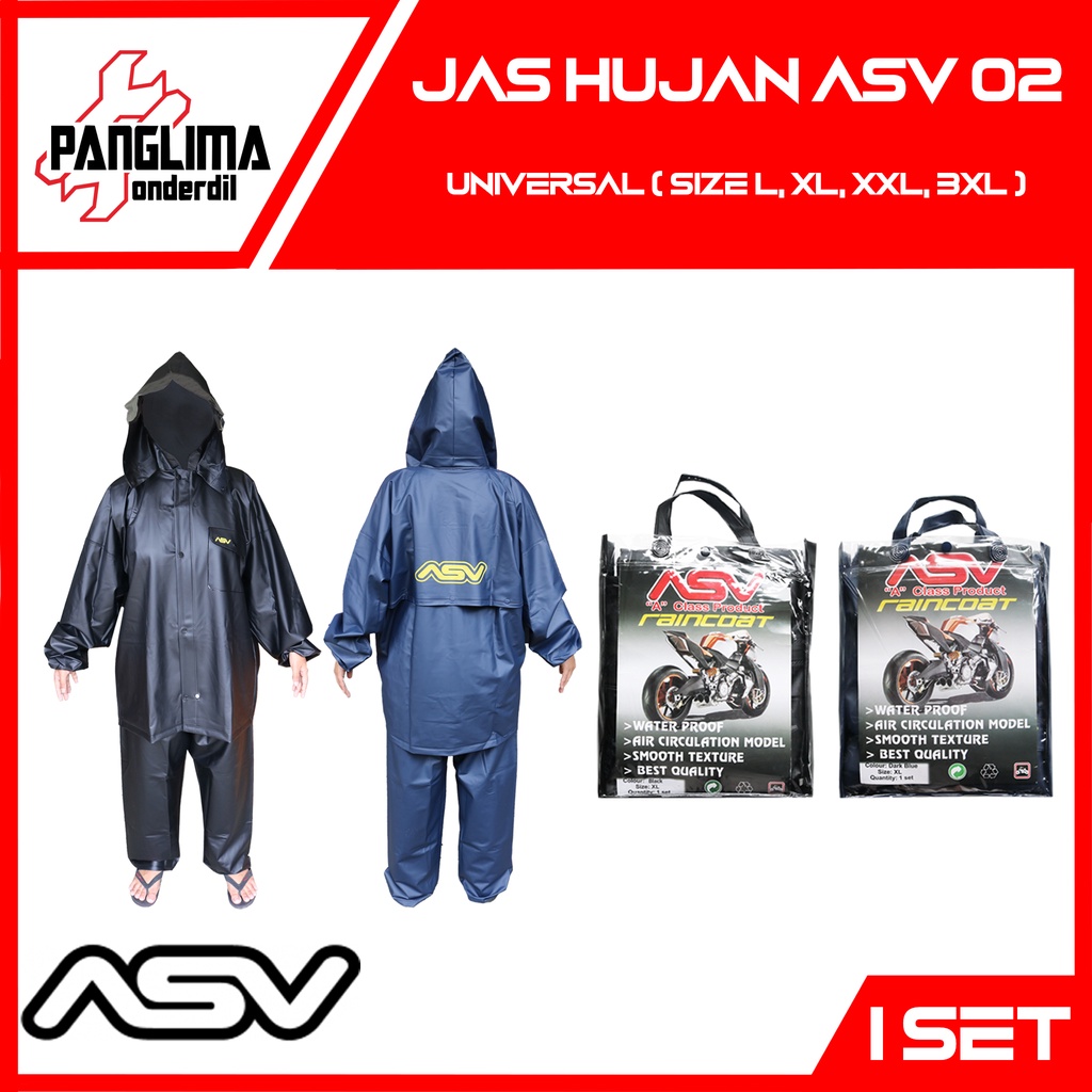 Jas Hujan ASV 02 X XL XXL XXL Hitam Biru Navy Karet Setelan Baju Celana Penutup Kepala Raincoat Kantung Kantong Tipe 3XL Merk ASV02