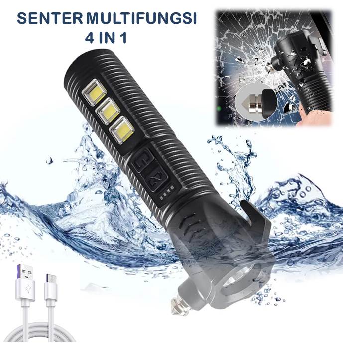 Senter led Pemecah Kaca 4 in 1 Multifungsi USB Rechargeable