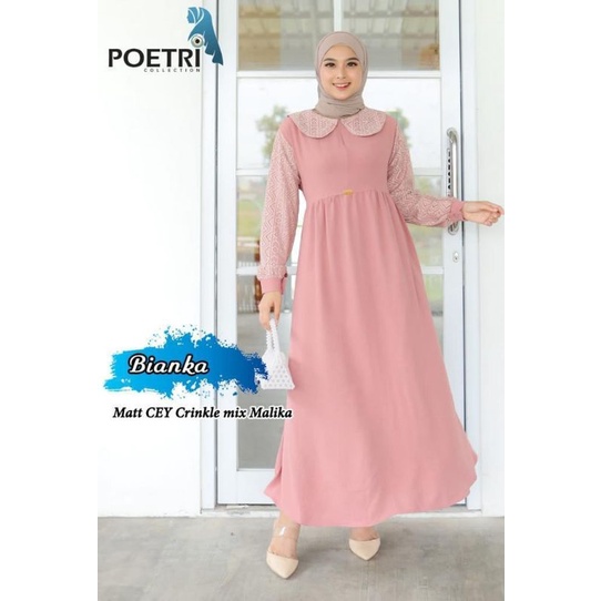 Gamis Crinkle Airflow Mix Malika Resleting Depan Busui Friendly Ori Poetri Collection