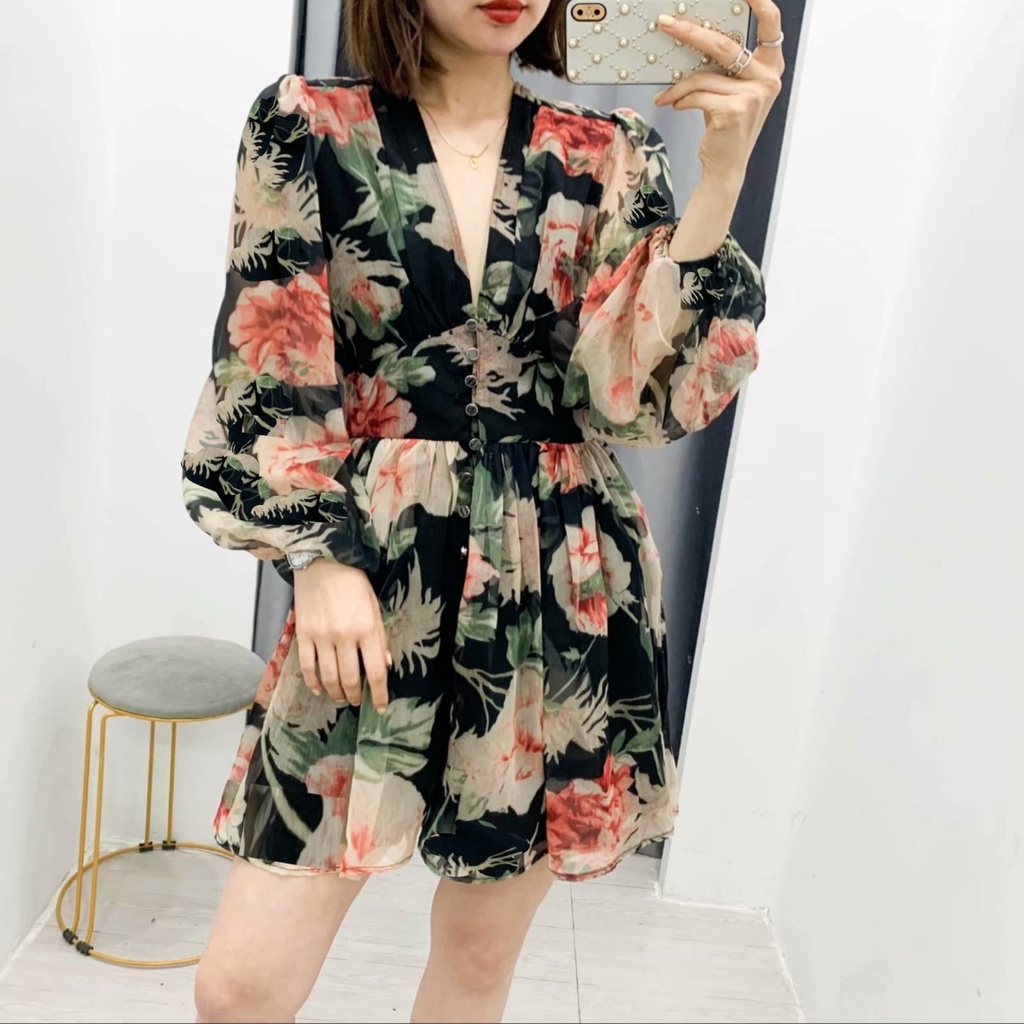 6977 Fashion baju mini dress lengan panjang balon motif bunga leher kerah Vi Neck santai pantai nyan