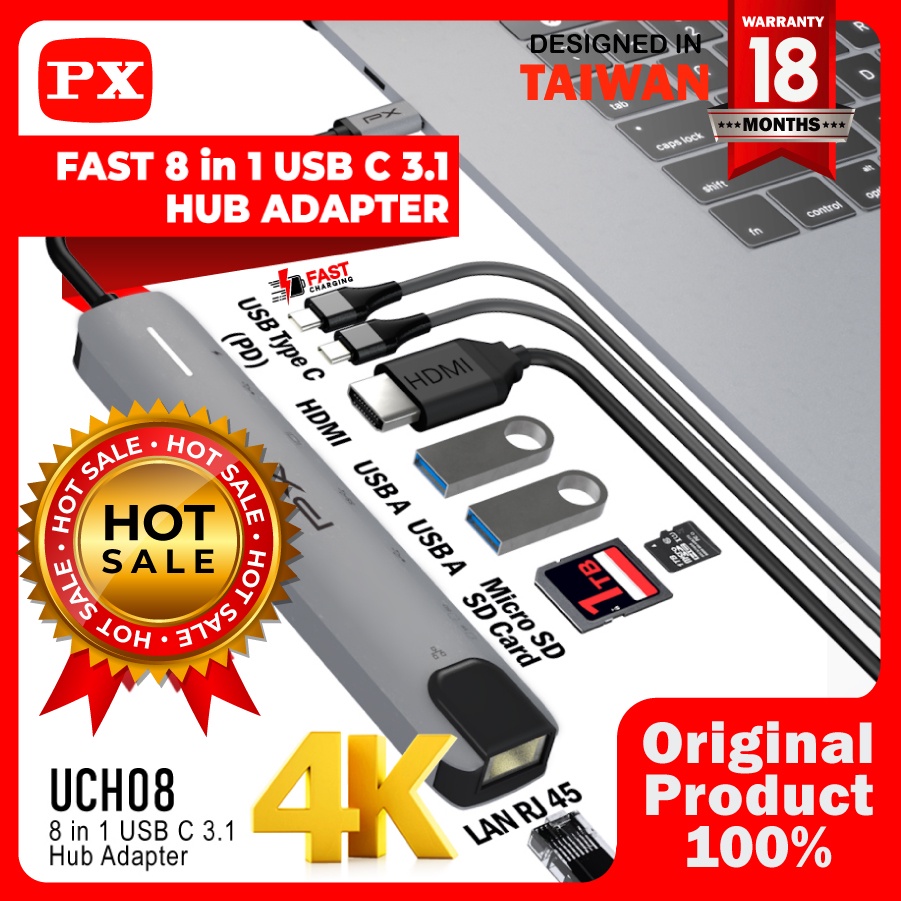 Converter Hub Adapter 8 in 1 Type C 3.1 to USB C 4K HDMI PX UCH08