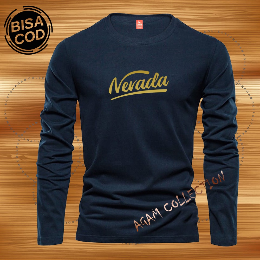 Agam Collection Baju Kaos Distro Nevada Line Text Gold Lengan Panjang Premium Quality Kaos Pria Keren Kaos Cewek/Cowok