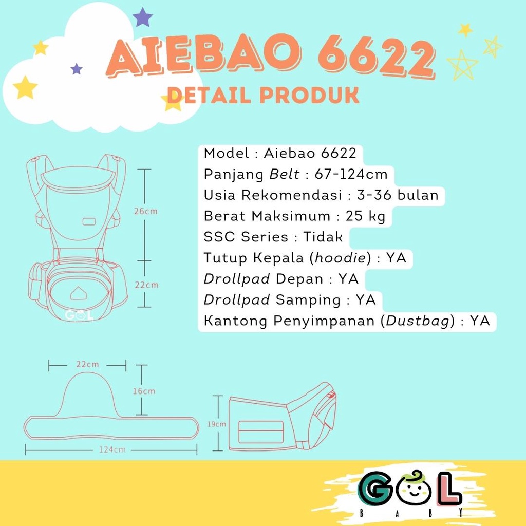 Gendongan Bayi Baby Carrier multifunction Hipseat Carrier Aiebao 6622 NEW ( jual 6636 6634 6608)