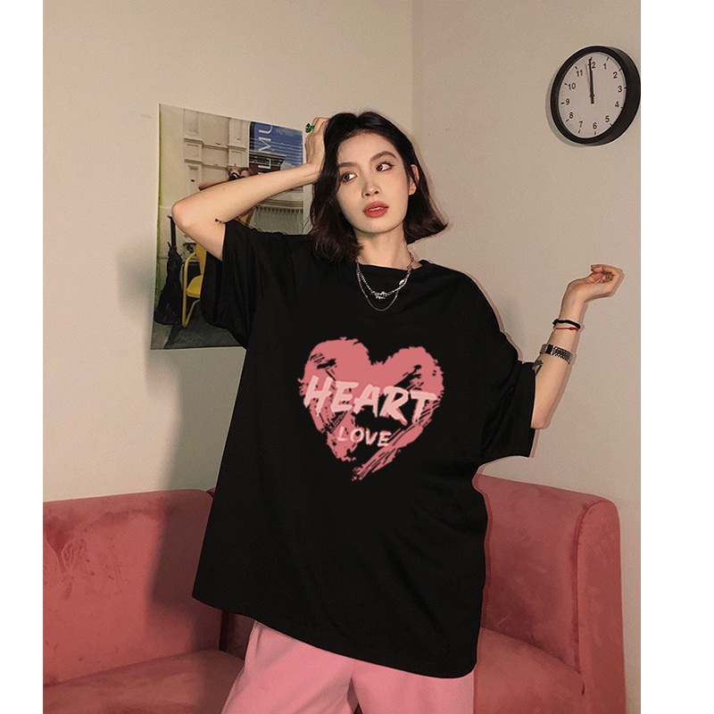 kaos wanita korean style heart graphic print t-shirt oversize lengan pendek import kaos hitam