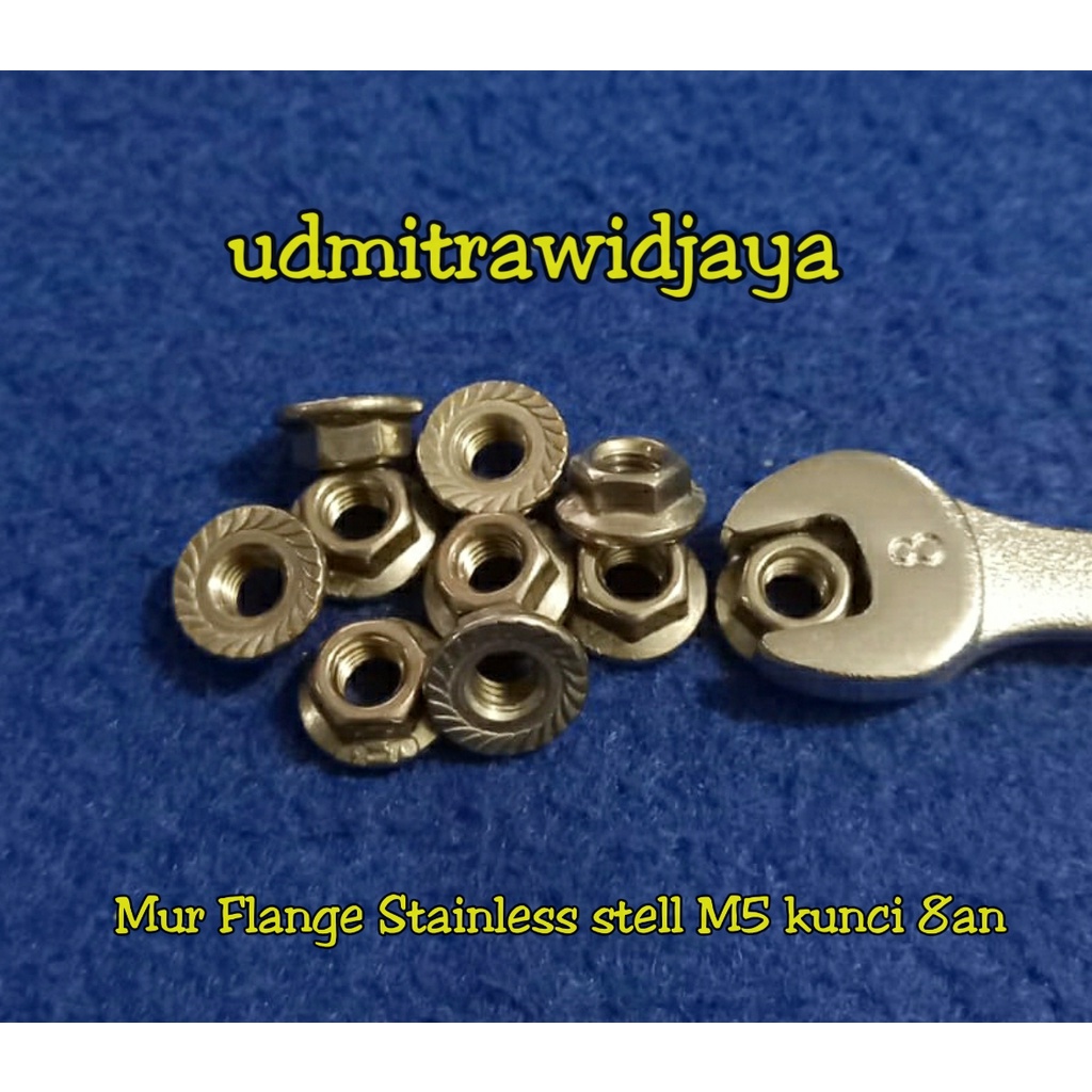 Mur flange stainless stell M5 p 0,8 P0,8 drat standart kunci 8mm setara kunci 8an Mur topi ss baut visor  Nut flange stenlis drat 0.8 kunci 8an mur flange stenlis asli type THE A2-70 Stainless 304 mur topi variasi mur hex flange nut SS mur anti karat