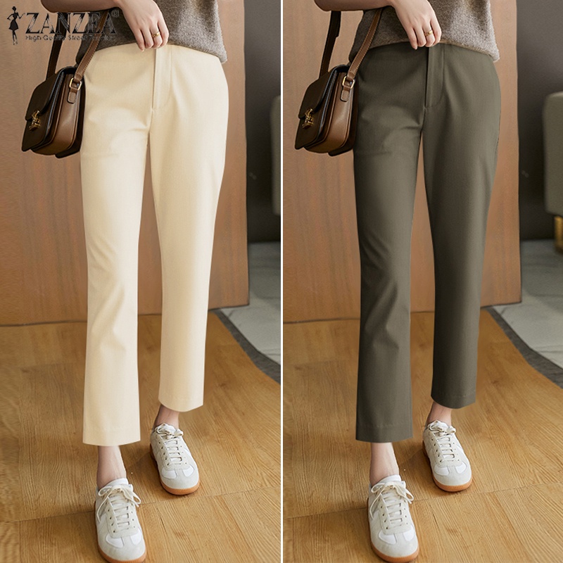 ZANZEA Women Fashion Elastic Waist Office OL Button Down Front Long Pants