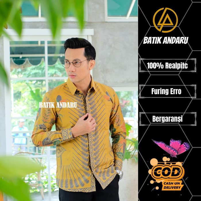 Baju Kemeja Batik Pria Slim Fit Lengan Panjang Modern Heem Premium Warna Lemon Kuning Soft