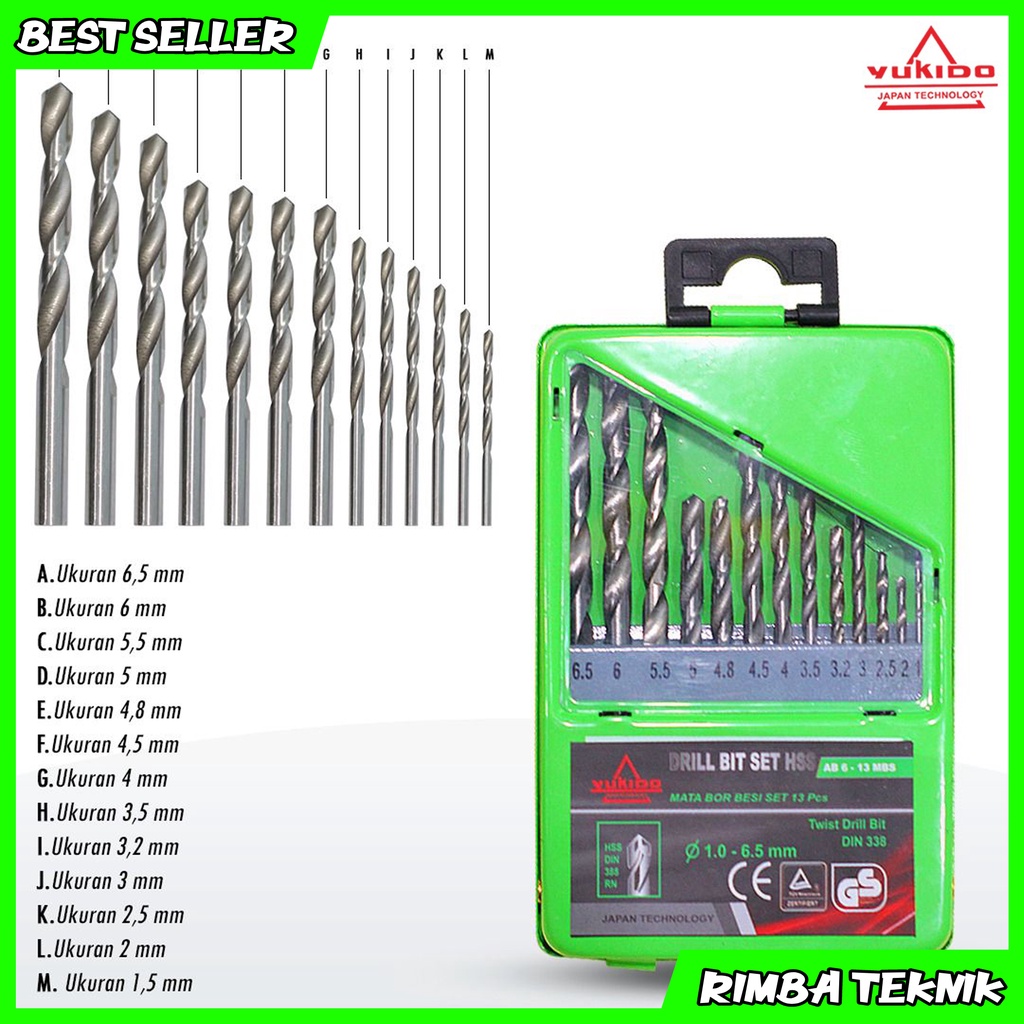 YUKIDO Mata Bor Besi HSS Asli Set 13pcs 1.5mm - 6.5mm HSS Drill Bit Set