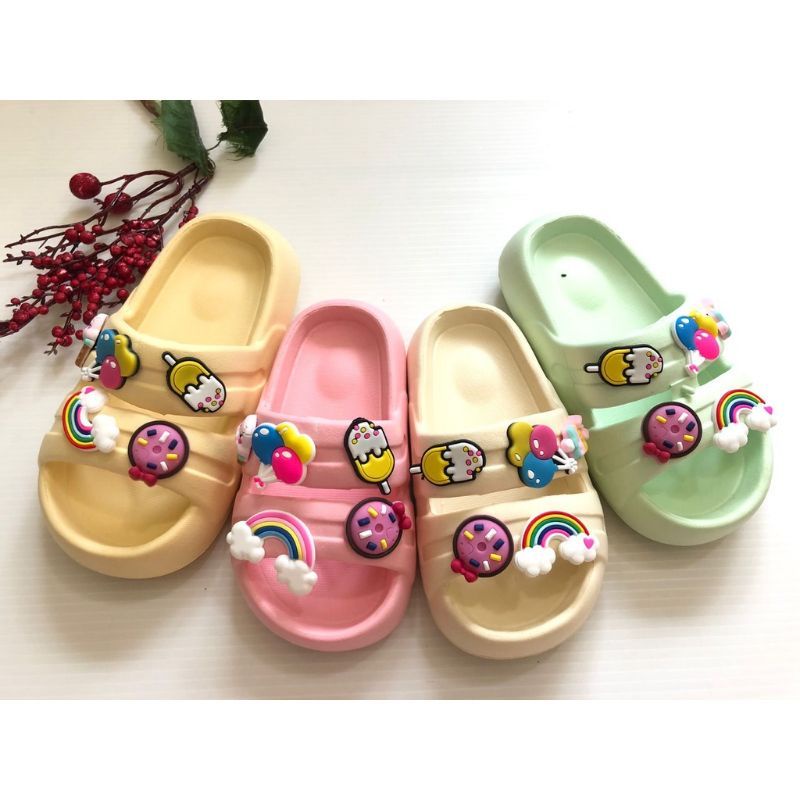 Sandal anak perempuan Casual ban dua slip on motif jibitz lucu gemoy