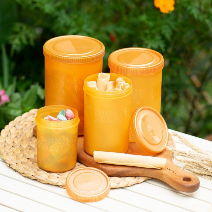 Promo ramadhan 2023 - Toples bulat set lengkap 4pcs / Tempat penyimpan snack bulat plastik - Gold - 
