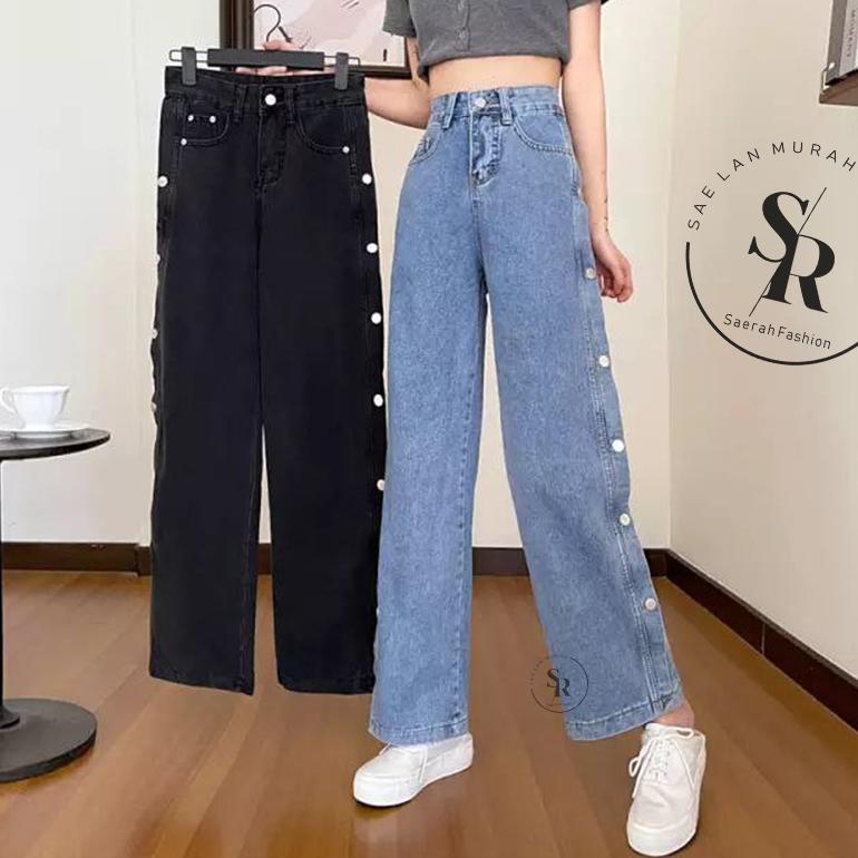MENARIK Kulot Jeans Wanita Kancing Samping Penuh-High waist jeans-Outfit wanita kekinian Saerah Fash