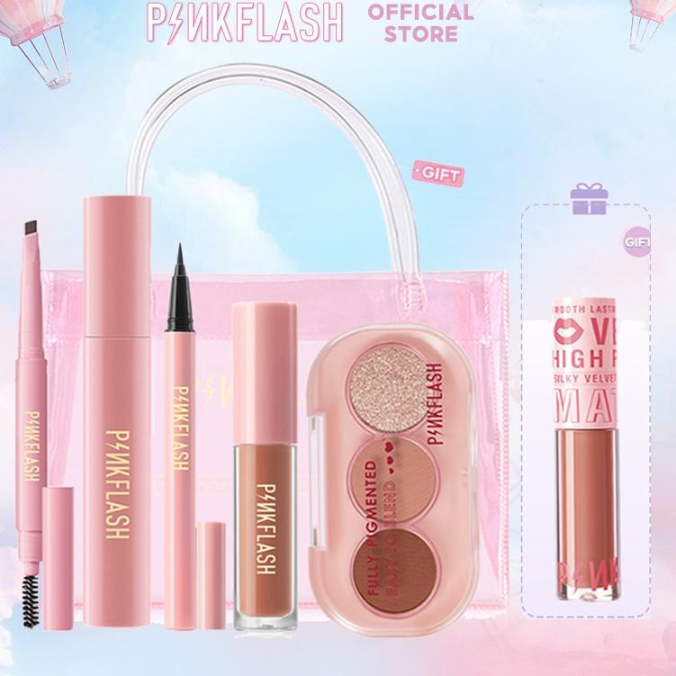 GROSIR PINKFLASH Eye Makeup Set 3 Shades Eyeshadow Matte Liquid Lipstik Ombrelips Tahan air Tahan la