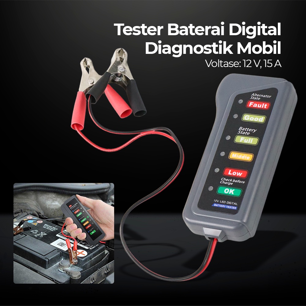 TERLARIS Tester Baterai Digital Voltmeter Analyzer 12V, Alat Uji Test Baterai Accu Aki Mobil Motor