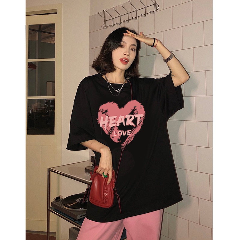 kaos wanita korean style heart graphic print t-shirt oversize lengan pendek import kaos hitam