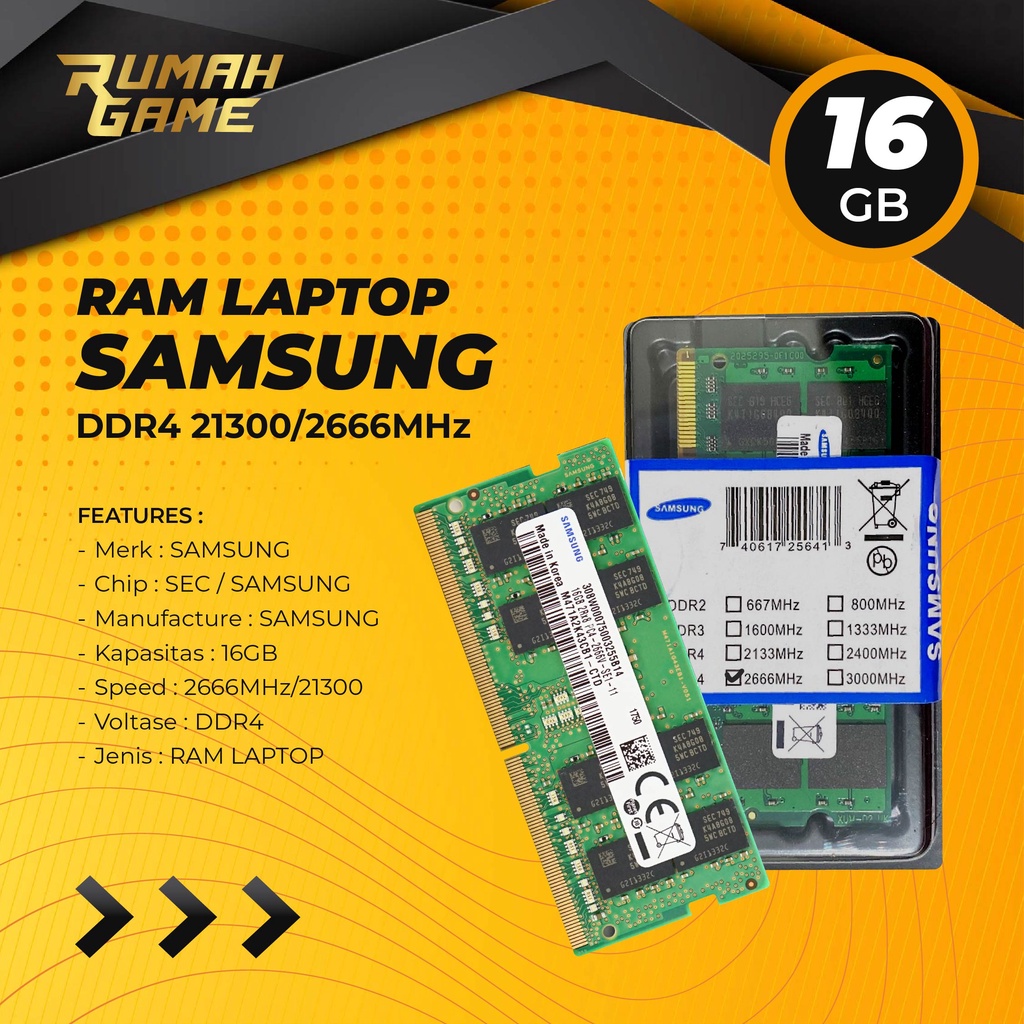 Samsung Ram Laptop 16Gb DDR4 21300/2666Mhz Sodimm 16gb Ram
