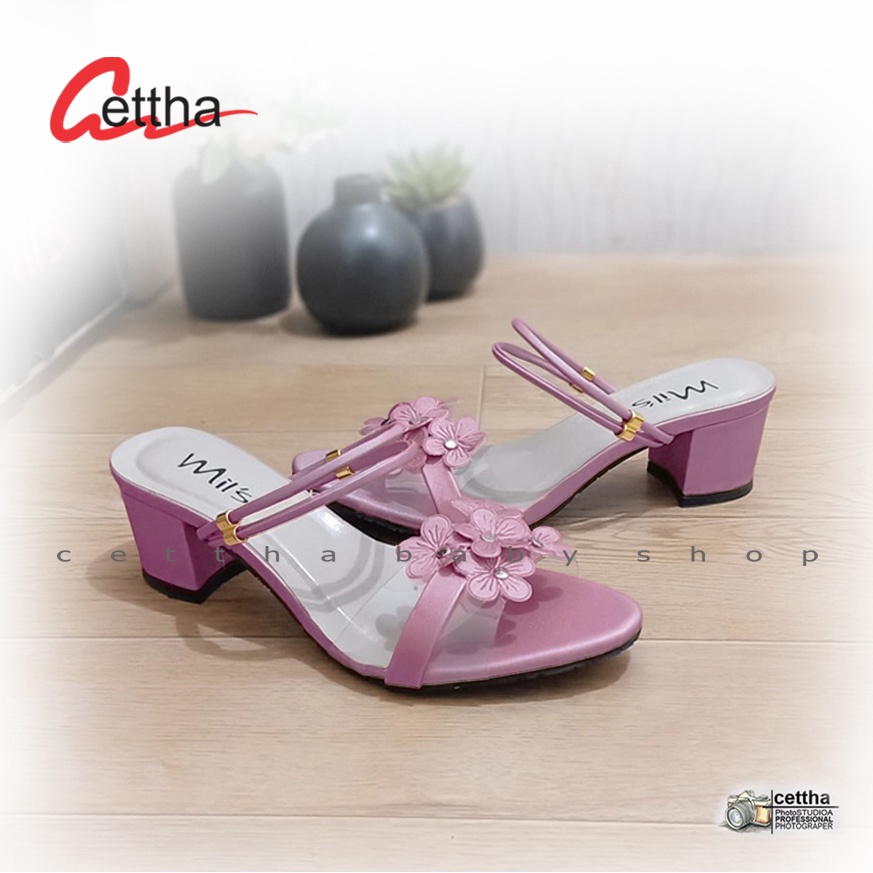 Sandal Sepatu Anak Perempuan Hak 3 cm Motif Bunga Sakura Mika Bening Heels Selop Pesta Wanita