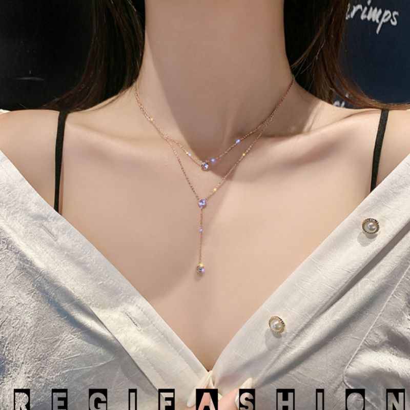 { Bayar Ditempat } Kalung Titanium Wanita Desaign 2 Layer Kalung Wanita Korea 2 Layer Permata Berkilau Kalung Titanium Wanita Anti Karat Tidak Luntur