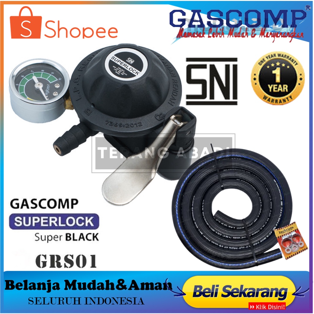 Regulator Gascom GRS-01+Selang Gas 2 Meter+klaim 2 Pic Regulator Gas LPG Tekanan Rendah Super Lock