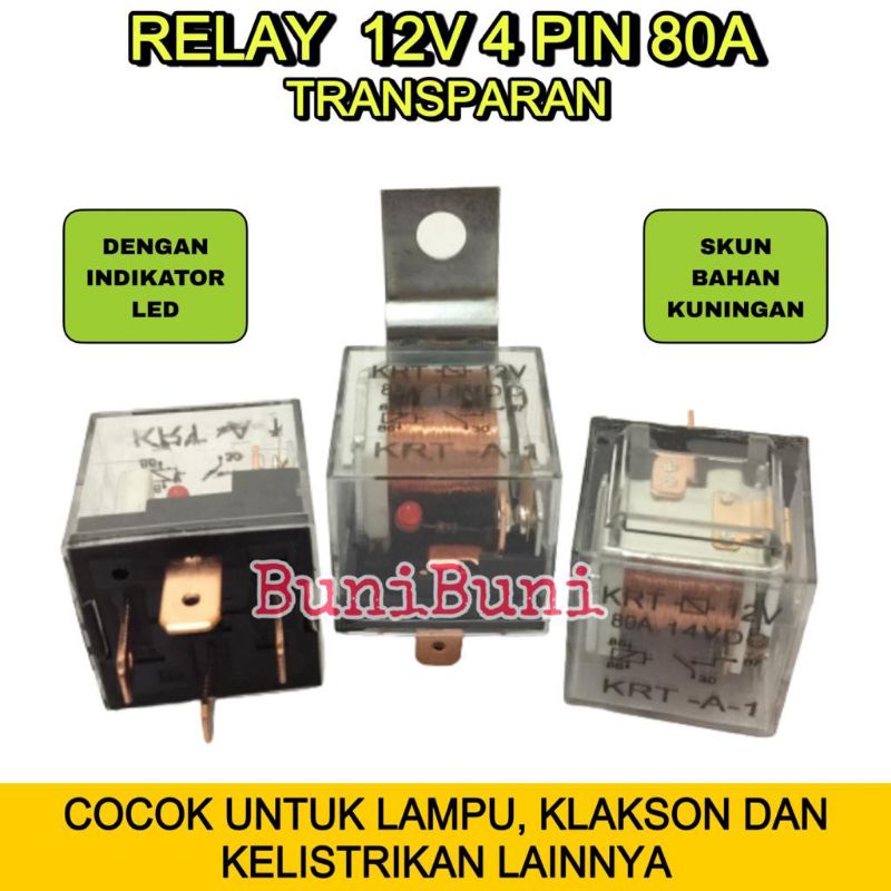 RELAY Transparan Bening 12V Kaki 4 Pin 80A Untuk Rilay Lampu Klakson Dan Alarm Mobil Motor - 12V 4 KAKI