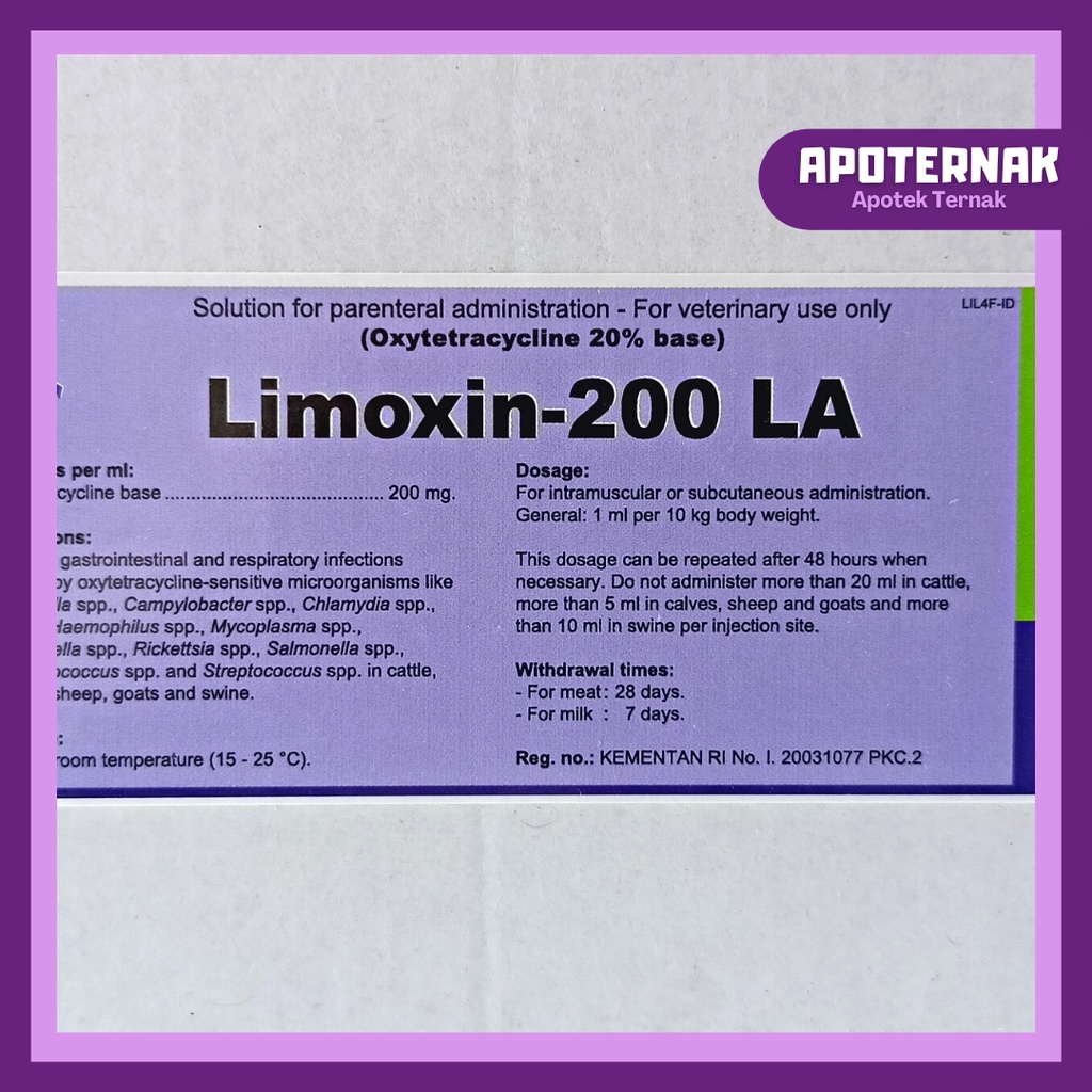 LIMOXIN 200 LA | Antibiotik Spektrum Luas Atasi Infeksi Hewan | Oxytetracyclin Long Acting | Sapi Kambing Kuda Ayam dll