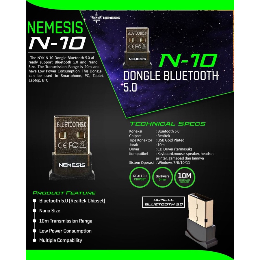 NYK Nemesis N10 USB Dongle Bluetooth 5.0 Realtek