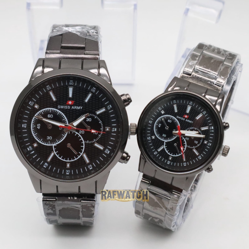 Jam Tangan Pasangan Pria Wanita Analog Casual Rantai Stainless Silver Hitam RPA8