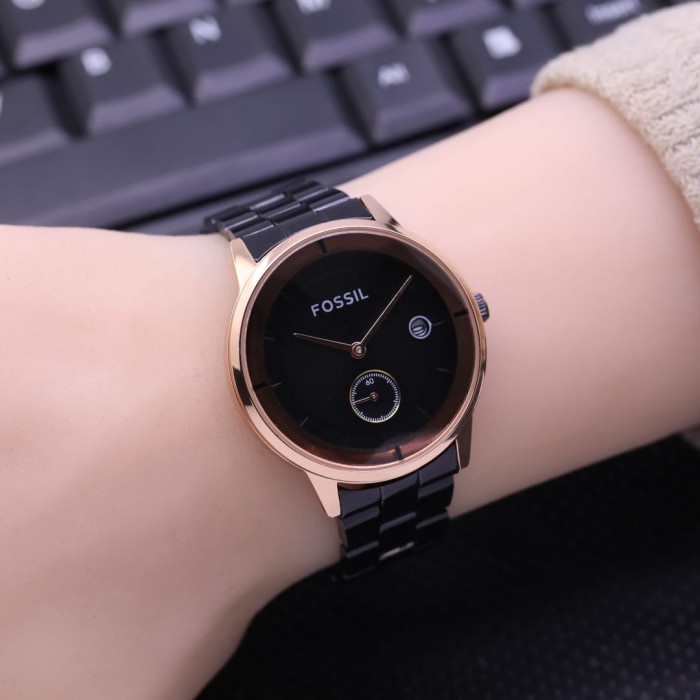 JAM TANGAN WANITA FOSSIL 8497 STAINLESS STEEL ADA TANGGAL DETIK BAWAH - Hitam Rose A9U4
