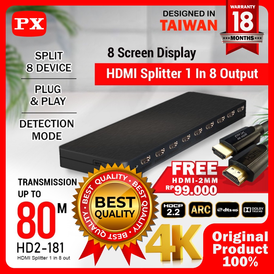 HDMI Splitter 1 Input 8 Output Video HD 4K 60Hz HDR HDCP PX HD2-181