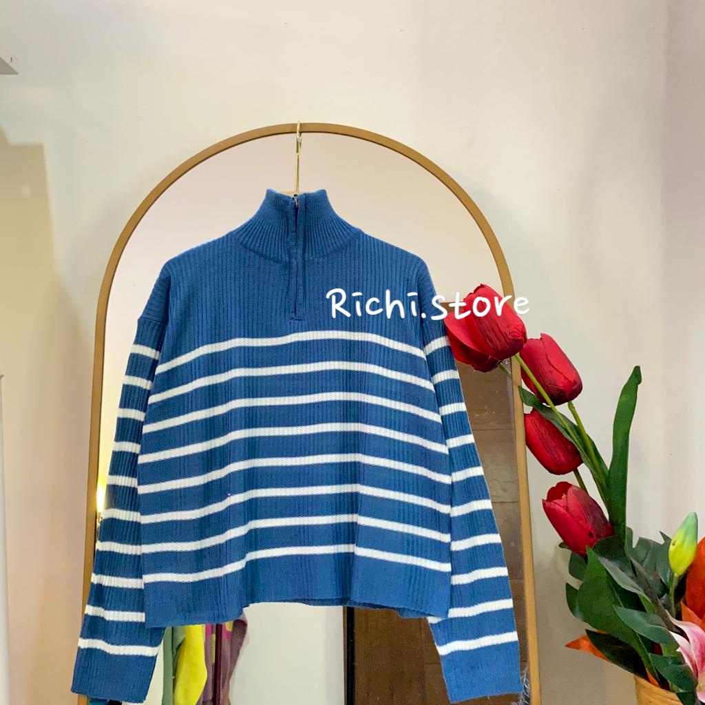 NANDA ZIPPER BLOUSE RAJUT TURTLENECK MOTIF GARIS