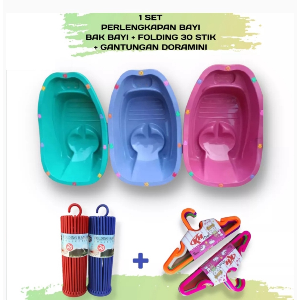 1 set bak mandi bayi/folding 30 stik/hanger doramini isi 12 pcs [paket hemat]