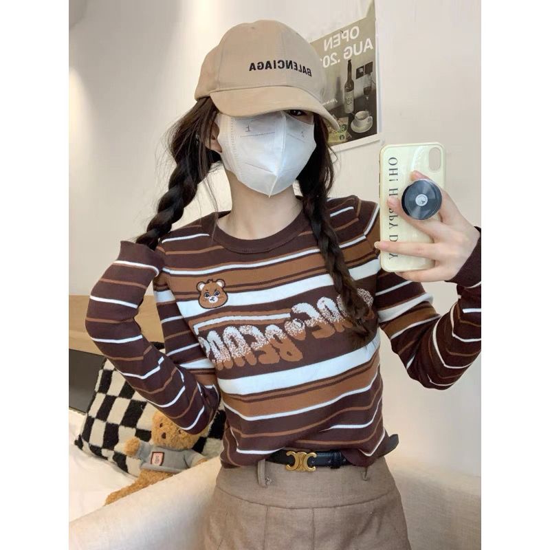 COD##Beruang/Kaos Rajut Bergaris Wanita/Atasan Dipotong Lengan Panjang/y2k kaos crop lengan panjang