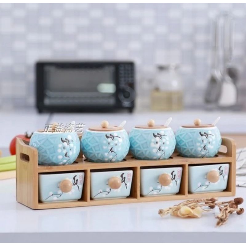 Rak Bumbu Porselin Keramik Kayu Premium Quality 2 tingkat toples / wadah bumbu dapur + rak penyimpan