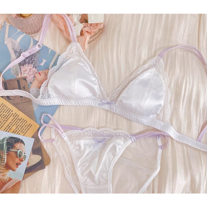 Sunset Perancis Mengkilap Renda Disambung Segitiga Renda Cangkir Pakaian Dalam Payudara Kecil Mengum