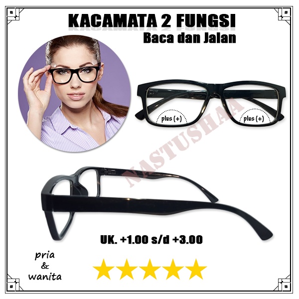 Kacamata Baca Plus 2 Fungsi Ukuran +1.00 s/d +3.00 Wanita Pria Model Frame Hitam Rabun Dekat kaca mata plus reading glasses double fokus NOCASE