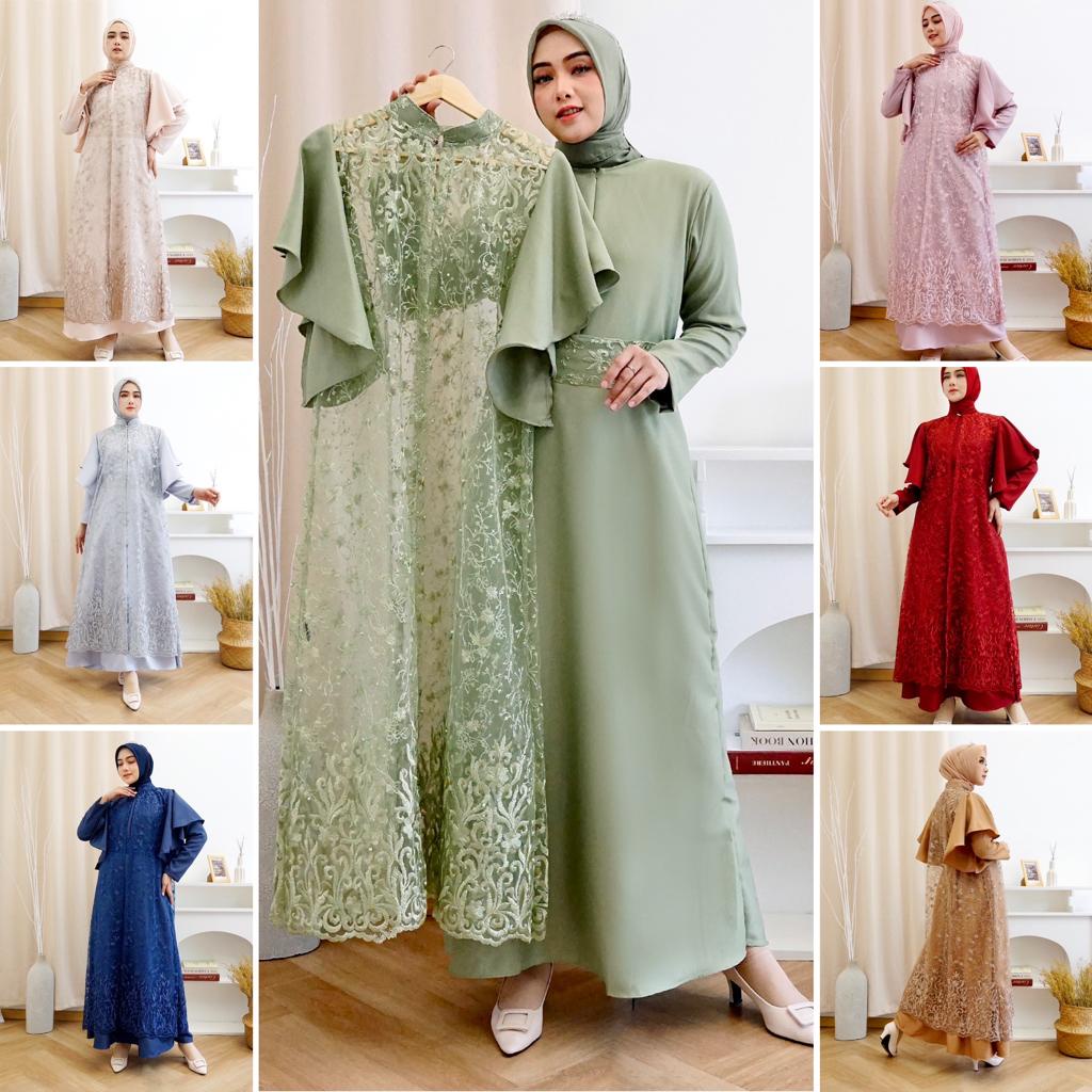 (Jamin RealPict) 2IN1 GEORGINA DRESS INNER + OUTER BRUKAT TILLE PREMIUM / FREE BELT / SET GAMIS MAXI DRESS KONDANGAN PLUS OUTER BROKAT TILE