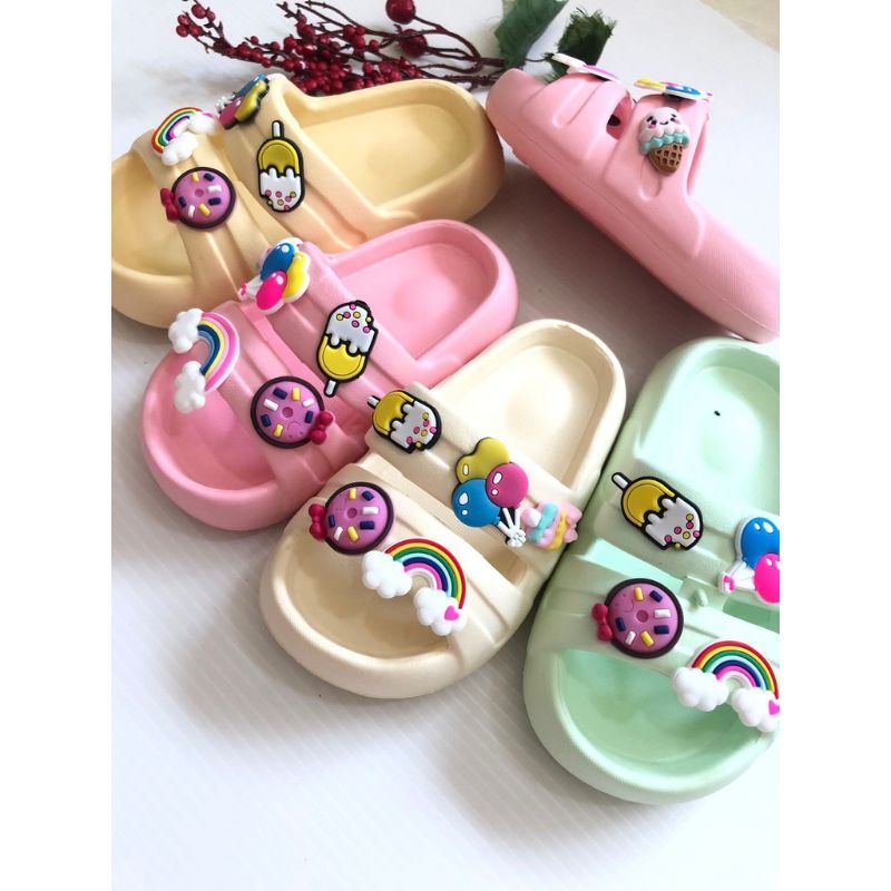 Sandal anak perempuan Casual ban dua slip on motif jibitz lucu gemoy