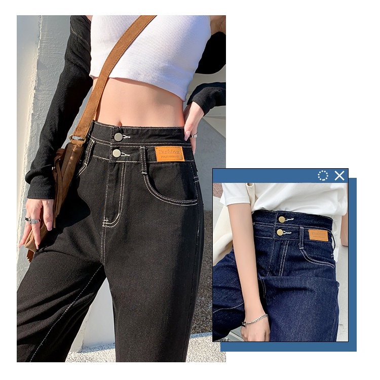 Hitam Highwaist Kulot Straight Loose Celana Panjang Jeans Wanita Kekinian Korean