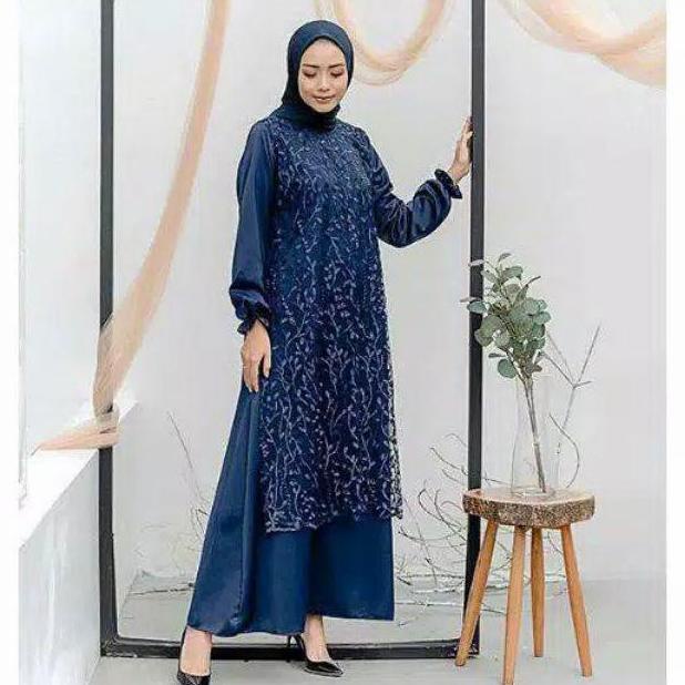 MURAH Dress Baju Gamis Brukat Kondangan Renda Polos AJARHANI Warna Biru Navy