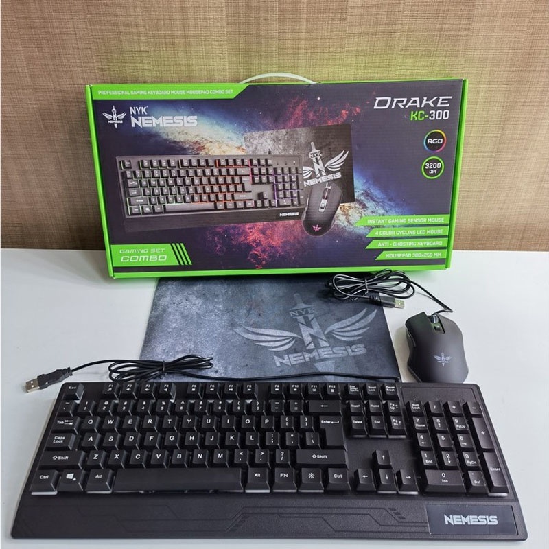 Paket Keyboard Mouse Gaming game combo NYK Nemesis Drake KC-300 aksesories komputer PC RGB