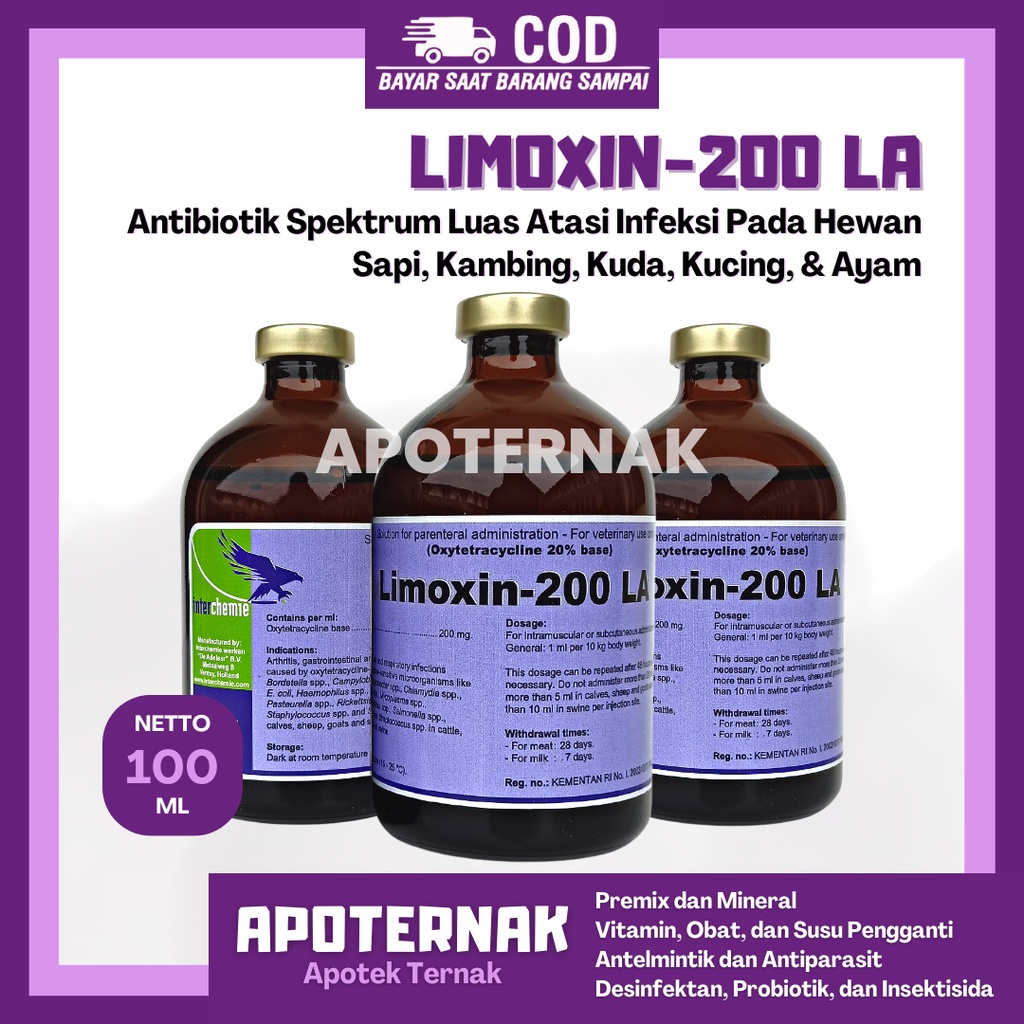 LIMOXIN 200 LA | Antibiotik Spektrum Luas Atasi Infeksi Hewan | Oxytetracyclin Long Acting | Sapi Kambing Kuda Ayam dll