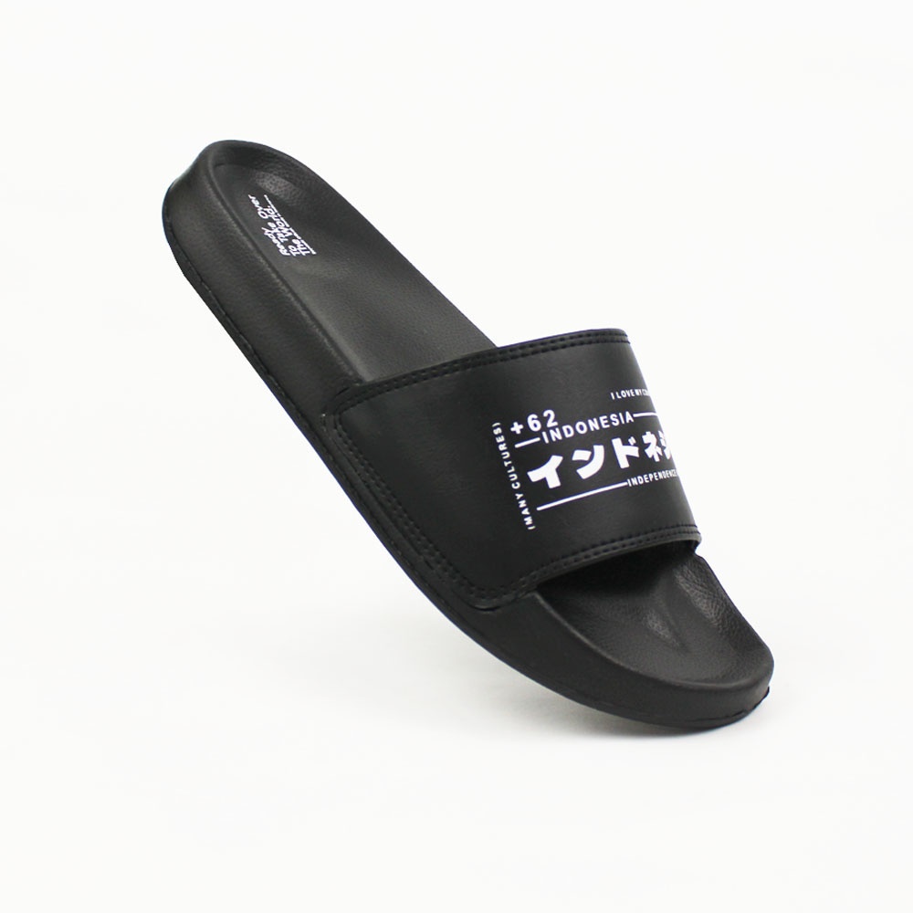 Sendal Selop BOYSCODE Indonesian Kanji Hitam Pria Wanita / Sandal Slide Cowok / Sandal Slip On / San