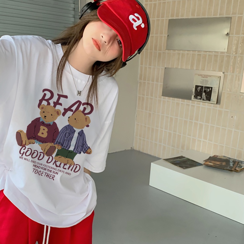 Print T-shirt Kaos Lengan Pendek Cartoon Red Bear Atasan Wanita Korean Style