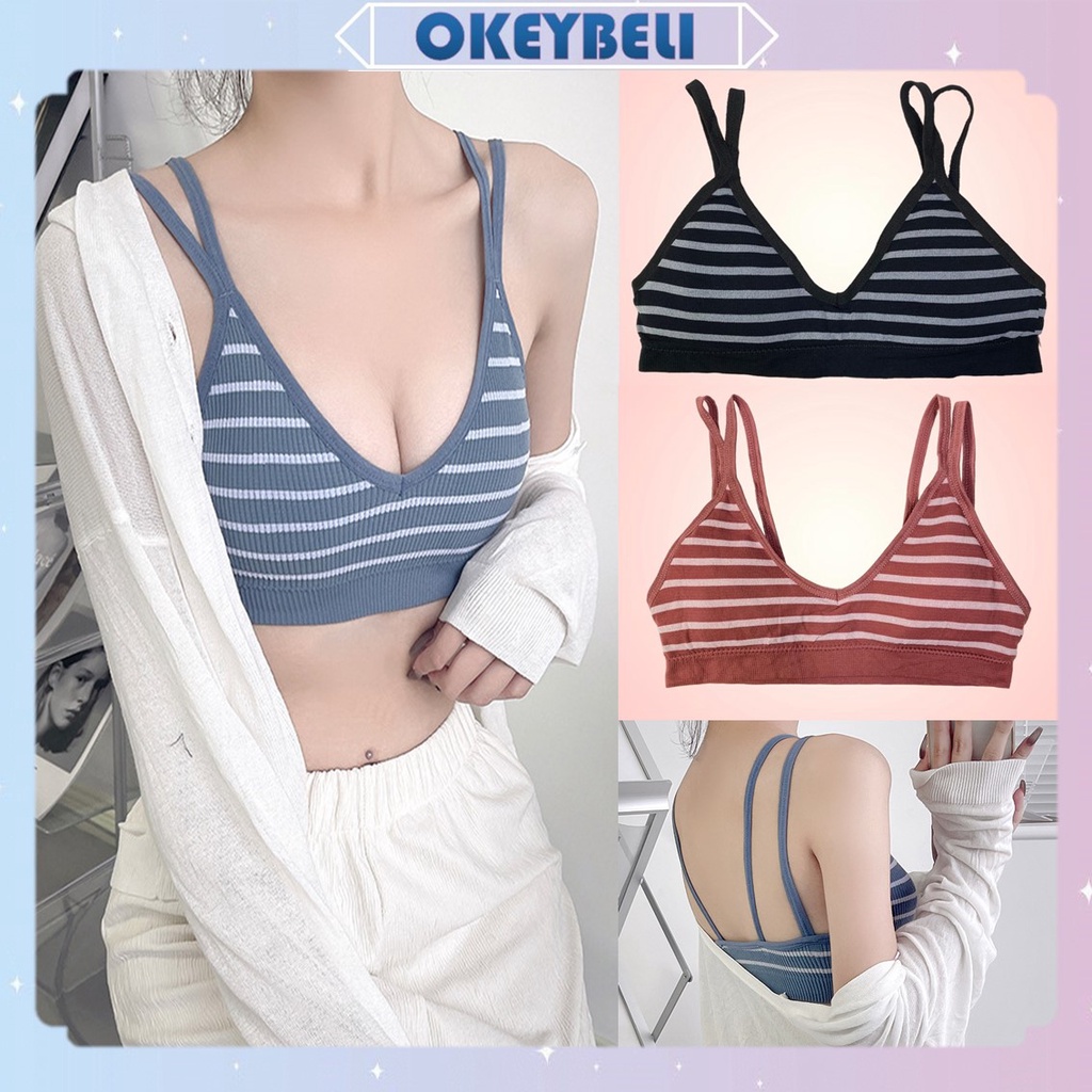 •OKEY BELI•BR1048 Bra BH Sport Wanita Motif Garis Garis Sport Bra Tanpa Kawat