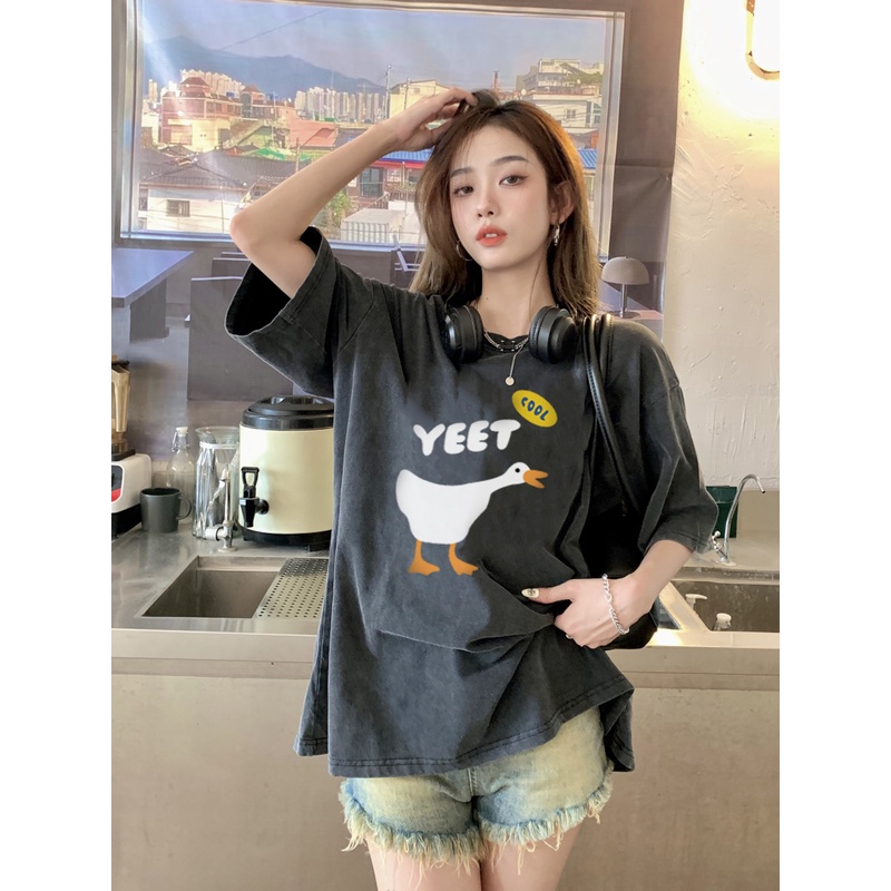 XIAOZHAINV Korean Style Cool Duck Pattern Washed Printing Kaos Wanita A0433