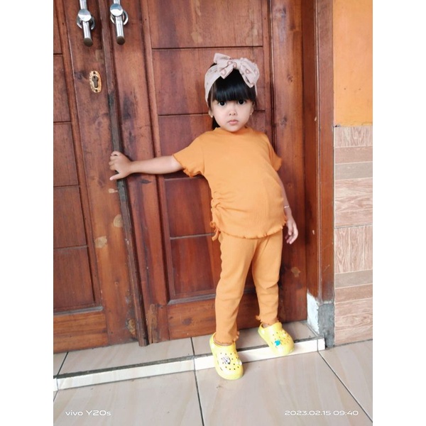 Baju Setelan Anak Perempuan Aluna Kerut Samping Ruffle Knit Tee 1-5 Tahun Bahan Rib Knit